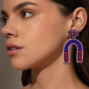 Football Red Blue Goalpost Seed Beaded NFL College Red Blue Rhinestone Earrings